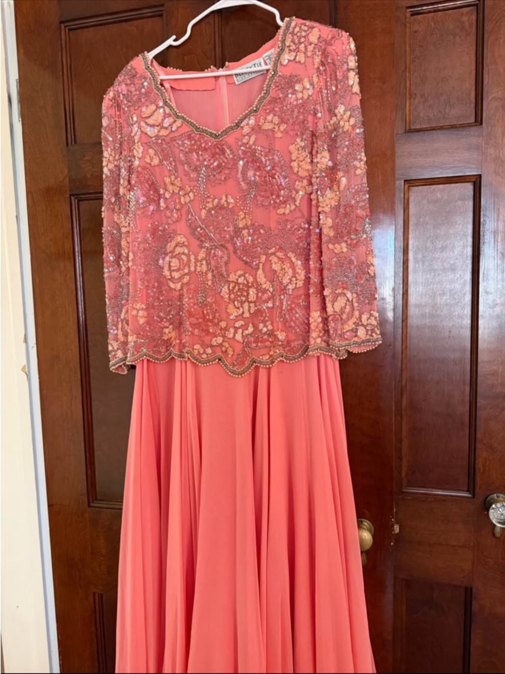 Beaded Coral Evening Dress with Floral Overlay